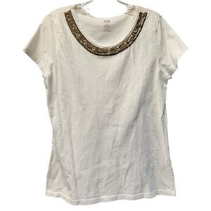 White Beaded Round Neck Short Sleeve T-Shirt L